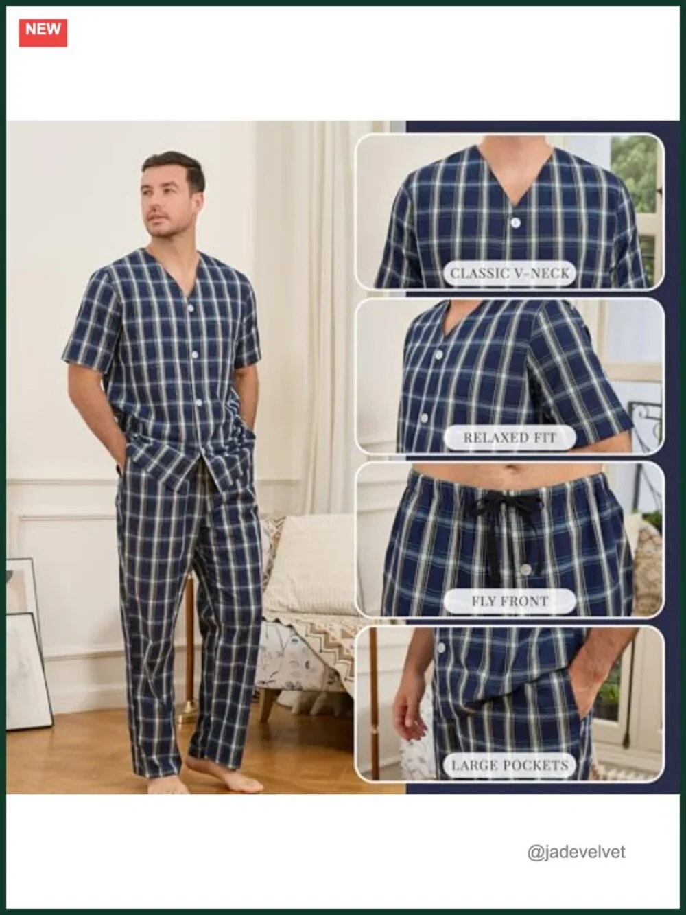 100% Cotton Men's Pajama Set - Short Sleeve Button Up Sleepwear